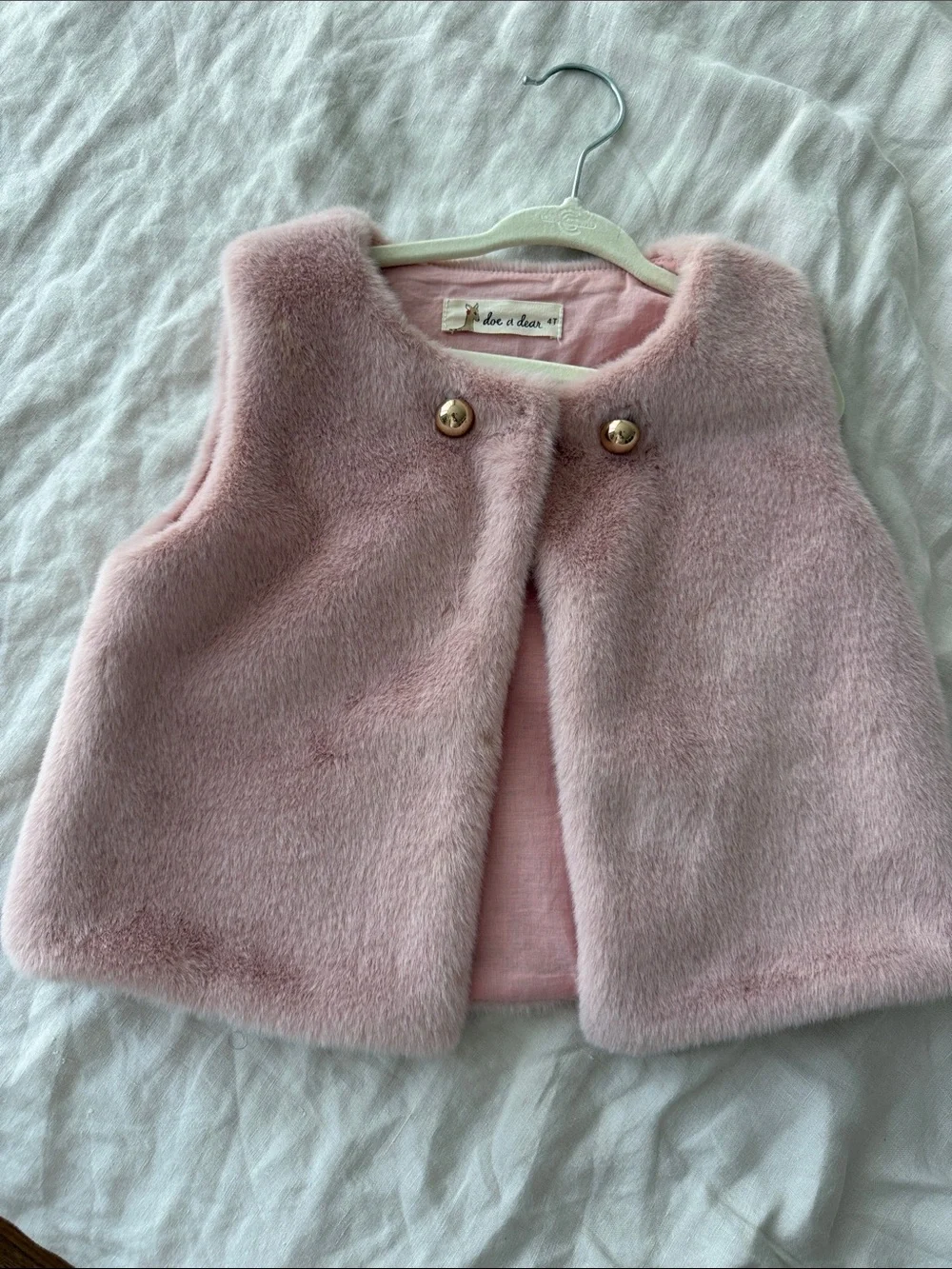 Doe & Deer Soft Pink Faux Fur Vest for Kids with Gold Buttons